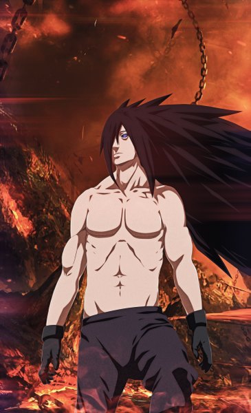 Anime picture 1462x2400 with naruto studio pierrot naruto (series) uchiha madara anvmadara single long hair tall image brown hair standing purple eyes looking away coloring topless muscle boy gloves chain