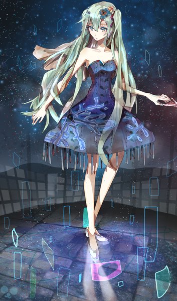 Anime picture 1181x2007 with vocaloid hatsune miku nadinehuifu single long hair tall image blush fringe standing twintails bare shoulders hair flower aqua eyes aqua hair night night sky holding hands looking down reflection spread arms
