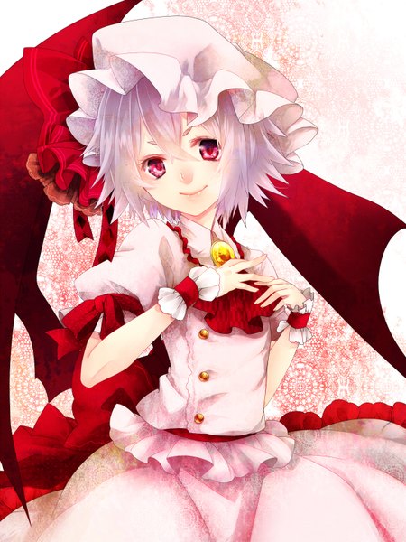 Anime picture 1200x1599 with touhou remilia scarlet yutazou single tall image short hair smile red eyes white hair girl dress wings frills bonnet brooch