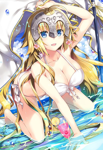 Anime picture 800x1168 with fate (series) fate/apocrypha jeanne d'arc (fate) (all) jeanne d'arc (fate) fujima takuya single tall image looking at viewer breasts open mouth blue eyes light erotic blonde hair large breasts signed sky cleavage cloud (clouds) full body ahoge