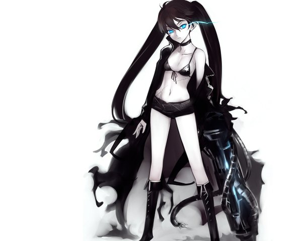 Anime picture 1280x1024 with black rock shooter black rock shooter (character) nishieda single long hair blue eyes black hair simple background white background twintails glowing scar glowing eye (eyes) girl navel weapon thigh boots cloak