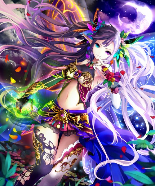 Anime picture 666x800 with kamigoku no valhalla gate aoi (kirabosi105) single long hair tall image blue eyes black hair smile standing purple eyes twintails bare shoulders cloud (clouds) white hair multicolored hair hair flower pointy ears two-tone hair official art bare belly