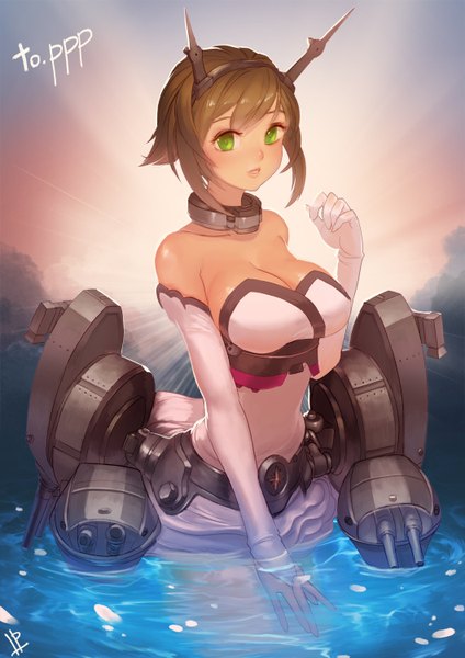 Anime picture 1060x1500 with kantai collection mutsu battleship instant-ip single tall image short hair open mouth light erotic brown hair green eyes sunlight girl gloves hair ornament water elbow gloves white gloves collar