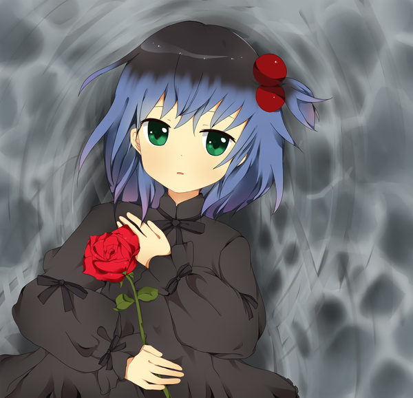 Anime picture 1800x1735 with utau ryone yami saru to yami single looking at viewer highres short hair green eyes blue hair multicolored hair girl dress flower (flowers)