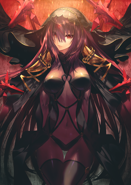 Anime picture 724x1023 with fate (series) fate/grand order scathach (fate) (all) scathach (fate) kodama (wa-ka-me) single long hair tall image looking at viewer fringe breasts light erotic red eyes large breasts standing purple hair thigh gap covered navel hair over eyes restrained