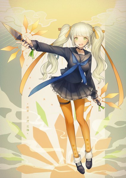 Anime picture 800x1131 with original tamahagane gakuen touransai asuda (artist) single long hair tall image blush fringe open mouth twintails green eyes looking away :d green hair inscription outstretched arm girl uniform ribbon (ribbons) weapon