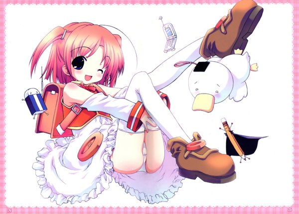 Anime picture 1600x1149 with moetan nijihara ink open mouth blue eyes light erotic simple background smile white background twintails pink hair pantyshot sitting framed girl thighhighs dress ribbon (ribbons) detached sleeves animal white thighhighs white dress