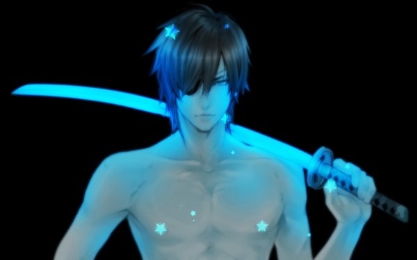 Anime picture 1598x1000 with sengoku basara production i.g date masamune ha_ru single short hair blue eyes simple background brown hair wide image glowing black background topless weapon over shoulder boy weapon sword katana star (symbol) eyepatch