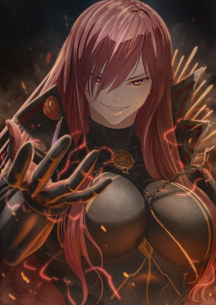 Anime picture 1063x1500 with fate (series) fate/grand order oda nobunaga (fate) (all) oda nobunaga (maou avenger) (fate) imizu (nitro unknown) single long hair tall image looking at viewer fringe breasts light erotic simple background smile red eyes large breasts upper body red hair arm up hair over one eye