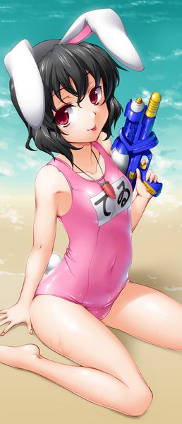 Anime picture 1024x2381 with touhou inaba tewi byeontae jagga single tall image looking at viewer fringe short hair light erotic black hair smile red eyes sitting animal ears tail animal tail barefoot arm support wet bunny ears