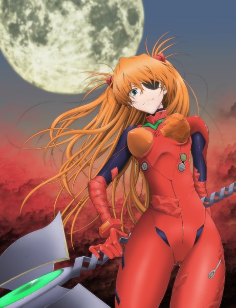 Anime picture 1244x1619 with neon genesis evangelion rebuild of evangelion gainax soryu asuka langley shikinami asuka langley takaku nozomu (artist) single long hair tall image blue eyes orange hair girl weapon moon eyepatch spear pilot suit