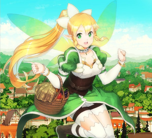 Anime picture 1818x1652 with sword art online a-1 pictures leafa jean popo single long hair highres blonde hair green eyes ponytail braid (braids) twin braids girl thighhighs dress bow hair bow white thighhighs wings basket