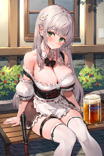 Anime picture 1346x2021 with virtual youtuber hololive shirogane noel shirogane noel (4th costume) watao single long hair tall image blush fringe breasts light erotic smile large breasts sitting green eyes looking away cleavage silver hair outdoors