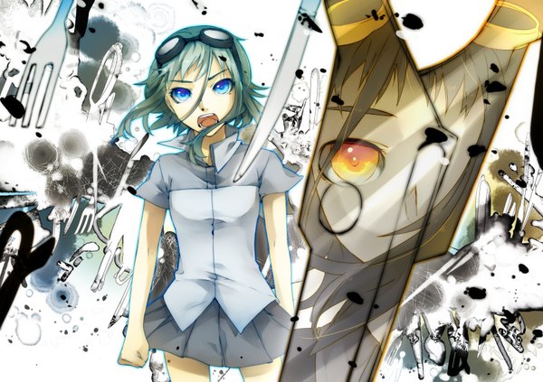 Anime picture 1700x1200 with vocaloid gumi matsunaka hiro single short hair open mouth blue eyes green hair orange eyes reflection falling singing girl skirt goggles knife blouse fist fork