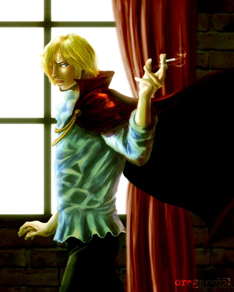 Anime picture 782x977 with one piece toei animation sanji oregano551 single tall image fringe short hair open mouth blue eyes blonde hair standing holding signed looking away indoors profile hair over one eye smoke eyebrows