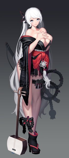 Anime picture 1000x2288 with original naco single tall image looking at viewer breasts light erotic cleavage white hair very long hair dark background white eyes girl hair ornament weapon sword katana musical instrument