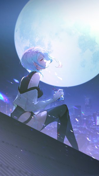 Anime picture 720x1280 with cyberpunk edgerunners studio trigger lucy (cyberpunk) vienri single tall image short hair breasts sitting purple eyes holding silver hair bent knee (knees) outdoors profile multicolored hair from behind night night sky city