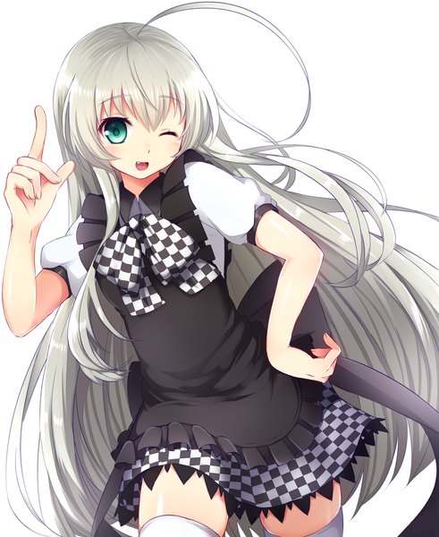 Anime picture 1350x1650 with haiyore! nyaruko-san nyaruko kamanatsu single long hair tall image open mouth green eyes silver hair ahoge one eye closed wink teeth fang (fangs) checkered girl thighhighs dress white thighhighs