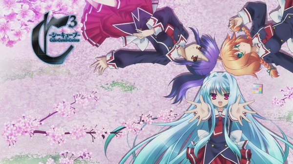 Anime picture 1920x1080 with cube x cursed x curious silver link fear kubrick murama konoha ueno kirika long hair highres open mouth red eyes wide image multiple girls green eyes silver hair purple hair ponytail braid (braids) orange hair twin braids cherry blossoms girl