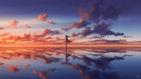 Anime picture 1100x622 with original mocha (cotton) single long hair brown hair wide image signed sky cloud (clouds) full body wind evening reflection sunset horizon mountain walking girl skirt water