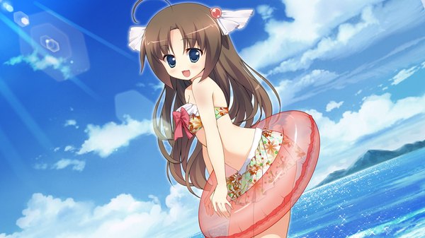 Anime picture 1024x576 with yukiiro long hair blush open mouth blue eyes black hair wide image game cg cloud (clouds) ahoge girl swimsuit