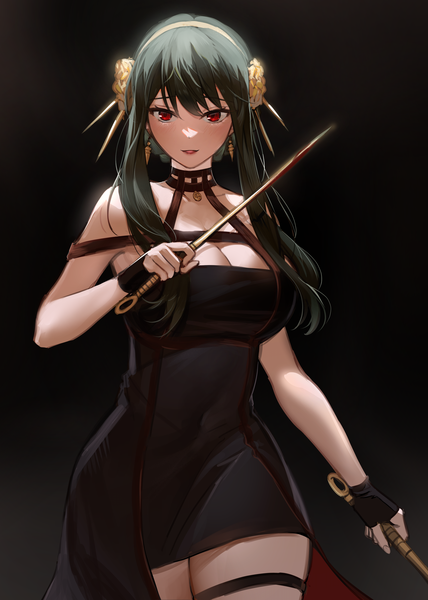 Anime picture 2856x4000 with spy x family yor briar nannaspad single long hair tall image looking at viewer highres breasts black hair simple background red eyes large breasts cleavage covered navel black background wide hips girl dress hair ornament