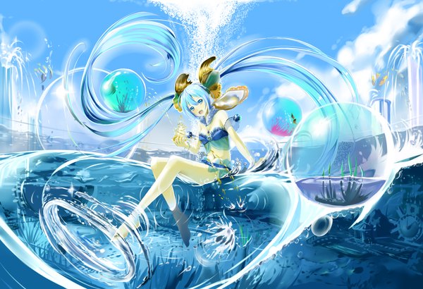 Anime picture 3800x2600 with vocaloid hatsune miku kyaro (kyaro54) single looking at viewer highres open mouth blue eyes sitting twintails blue hair absurdres very long hair barefoot aqua eyes aqua hair bare legs underwater girl dress