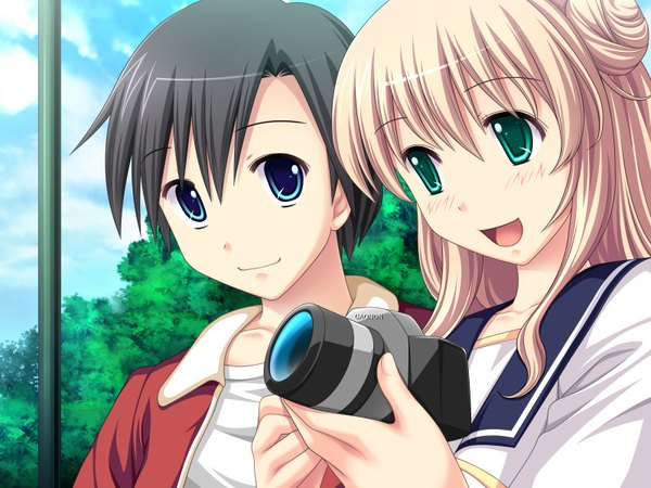 Anime picture 1600x1200 with m teacher - kanojo no nayami ooki kyouiku jijou hagiwara karin akiyama yoshio long hair short hair open mouth blue eyes black hair blonde hair green eyes game cg girl boy camera