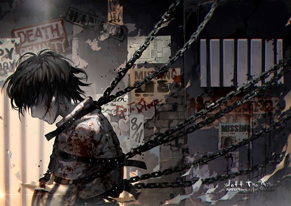 Anime picture 1024x726 with creepypasta jeff the killer kawacy single short hair black hair smile looking away profile pale skin bondage bloody clothes bleeding crazy boy blood chain wall straitjacket