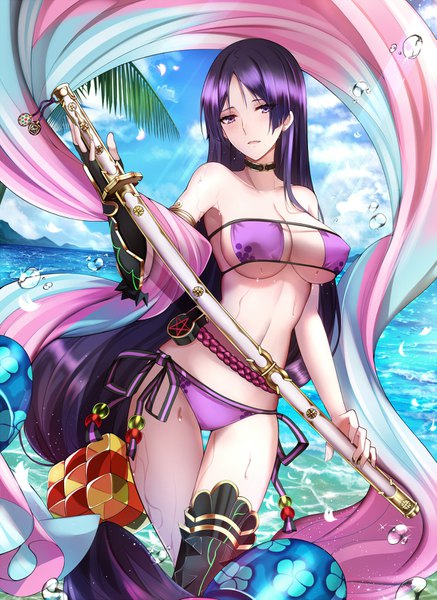 Anime picture 1157x1586 with fate (series) fate/grand order minamoto no raikou (fate) minamoto no raikou (swimsuit lancer) (fate) shiguru single tall image breasts light erotic large breasts purple eyes sky purple hair cloud (clouds) very long hair underboob low ponytail sheathed girl weapon