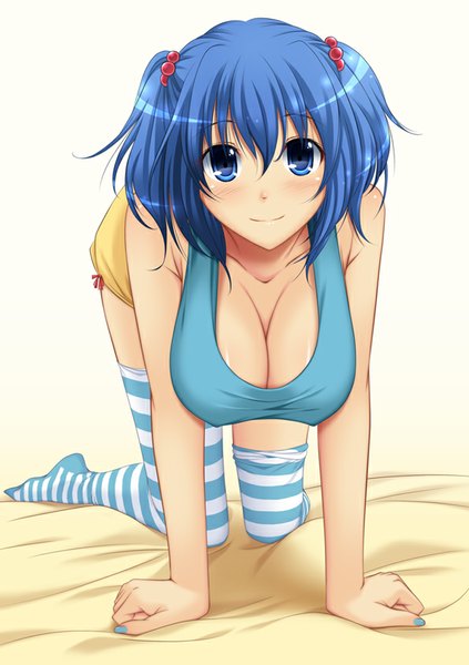 Anime picture 595x842 with touhou kawashiro nitori chiro (pixiv) single tall image looking at viewer blush short hair breasts blue eyes light erotic smile large breasts blue hair cleavage girl thighhighs striped thighhighs