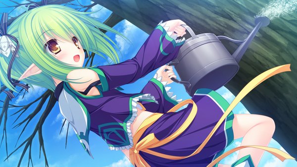 Anime picture 1280x720 with magicalic sky high charlles faltesia mikagami mamizu blush short hair open mouth wide image yellow eyes game cg green hair pointy ears girl dress plant (plants) detached sleeves tree (trees) watering can