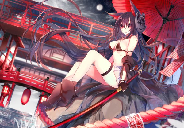 Anime picture 1000x699 with original asaki yukiko nekoboshi sakko single looking at viewer blush fringe breasts open mouth light erotic black hair hair between eyes red eyes large breasts sitting holding animal ears full body bent knee (knees) outdoors