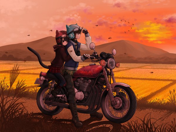 Anime picture 1280x960 with original kuroinu animal ears tail cat ears evening sunset goggles helmet motorcycle