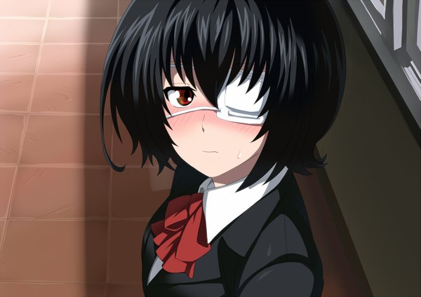 Anime picture 1517x1074 with another p.a. works misaki mei blush short hair black hair red eyes game cg girl uniform school uniform eyepatch