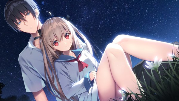Anime picture 3840x2160 with atri-my dear moments- atri yusano long hair looking at viewer fringe highres short hair blue eyes black hair blonde hair hair between eyes red eyes wide image sitting absurdres game cg ahoge bent knee (knees) outdoors