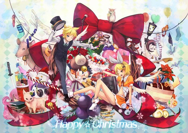 Anime picture 2000x1414 with vocaloid kagamine rin kagamine len ratsunagina highres blonde hair one eye closed wink christmas merry christmas girl thighhighs boy flower (flowers) ribbon (ribbons) bow hat animal wings socks