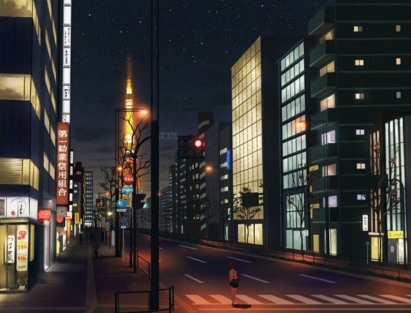 Anime picture 1000x762 with original doora (dora0913) short hair sky night city scenic crosswalk building (buildings) star (stars) handbag road people skyscraper traffic sign