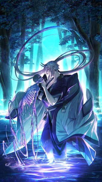 Anime picture 1130x2000 with original suzuka nene single tall image fringe hair between eyes standing purple eyes signed payot looking away silver hair outdoors very long hair traditional clothes japanese clothes profile horn (horns) fingernails pointy ears