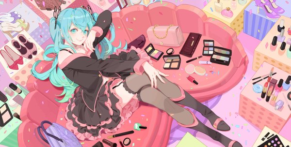 Anime picture 1500x760 with vocaloid hatsune miku moca (p0ckylo) single long hair looking at viewer wide image nail polish aqua eyes aqua hair crossed legs girl thighhighs dress black thighhighs petals shoes boots bag couch