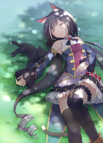 Anime-Bild 1016x1403 mit princess connect! re:dive princess connect! karyl (princess connect!) aies single tall image blush fringe open mouth black hair animal ears payot tail lying eyes closed very long hair animal tail multicolored hair from above cat ears