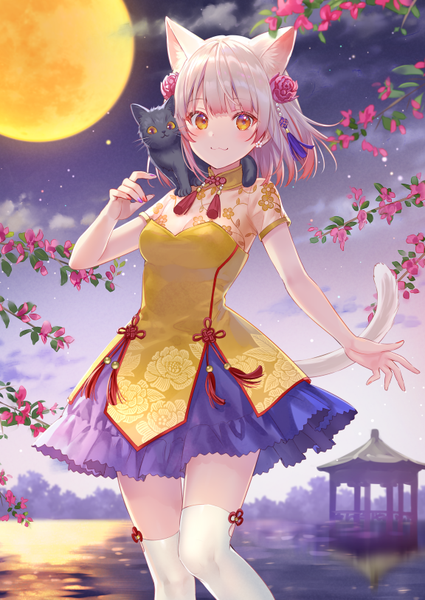 Anime-Bild 576x813 mit original fukahire (ruinon) single tall image looking at viewer blush fringe short hair breasts smile standing animal ears payot silver hair cloud (clouds) outdoors tail blunt bangs nail polish traditional clothes