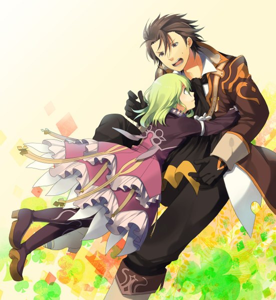 Anime picture 1150x1250 with tales of (series) tales of xillia alvin (tales of xillia) elize lutus una (artist) tall image short hair open mouth black hair brown eyes green eyes green hair hug girl boy
