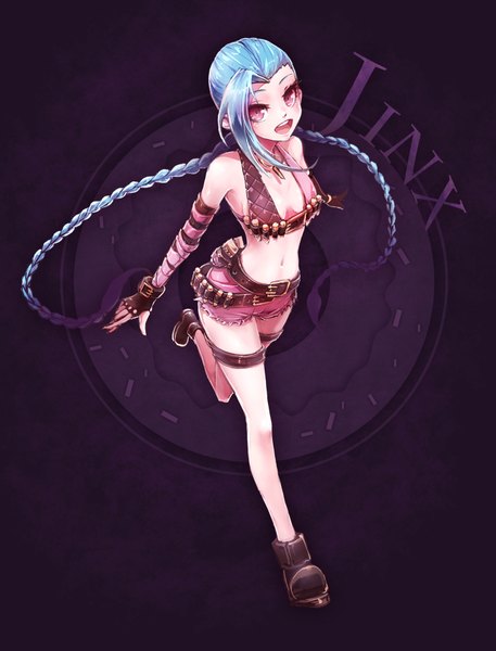 Anime picture 1383x1815 with league of legends jinx (league of legends) beanbean1988 single tall image looking at viewer fringe open mouth blue hair very long hair pink eyes bare belly happy running girl gloves navel shorts boots belt