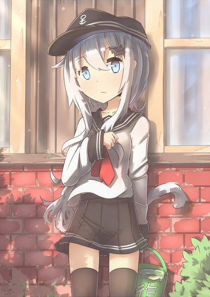 Anime picture 2480x3508 with kantai collection hibiki destroyer hinbackc single long hair tall image looking at viewer fringe highres blue eyes hair between eyes standing holding signed silver hair outdoors tail animal tail pleated skirt cat tail