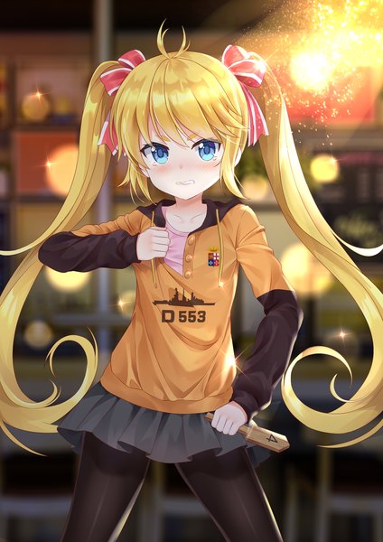 Anime picture 2480x3507 with jojo no kimyou na bouken warship girls r andrea doria (warship girls r) la spezia single long hair tall image looking at viewer blush fringe highres blue eyes blonde hair standing twintails holding payot ahoge long sleeves blurry