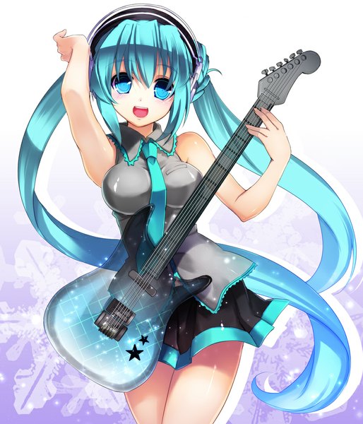 Anime picture 900x1050 with vocaloid hatsune miku yuuki kira single tall image blush open mouth blue eyes bare shoulders very long hair aqua hair snowing between breasts girl skirt necktie headphones star (symbol) snowflake (snowflakes) guitar