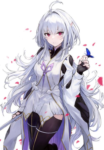 Anime picture 900x1304 with fate (series) fate/grand order fate/prototype merlin (fate/prototype) aiko (kanl) single long hair tall image blush fringe breasts simple background hair between eyes red eyes standing white background holding signed payot silver hair