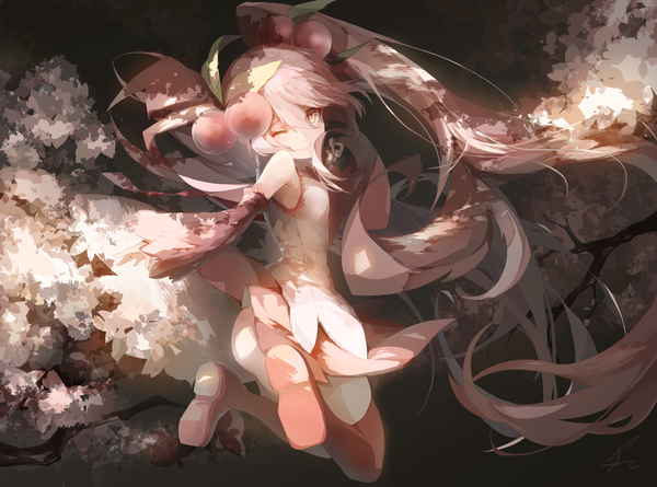 Anime picture 2322x1723 with vocaloid hatsune miku sakura miku saihate (d3) single fringe highres light erotic smile twintails pink hair bent knee (knees) very long hair one eye closed pink eyes looking back wink sunlight cherry blossoms jumping