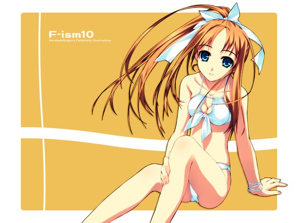 Anime picture 1600x1200 with f-ism murakami suigun single long hair looking at viewer blue eyes light erotic brown hair sitting payot arm support girl bow swimsuit hair bow bikini white bikini